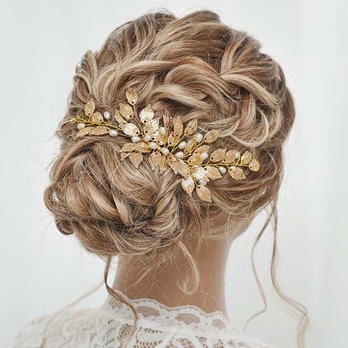 Gorais Leaves Bride Wedding Hair Comb Gold Leaf Hair Piece Pearl Headpiece Hair Accessories for Women and Girls