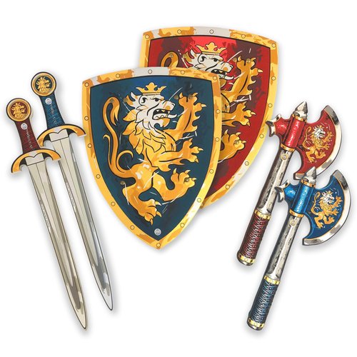 Liontouch - Noble Knight Toy Swords, Shields & Axes, Blue & Red | Medieval Pretend Play Set for 2 Boys in Foam with Golden Lion Theme | Safe Weapons & Combat Accessories for Dress Up & Costumes