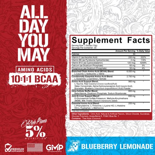 5% Nutrition Rich Piana AllDayYouMay BCAA Powder | Premium Intra & Post Workout Amino Acids, Hydration, Endurance, Muscle Recovery, Joint & Liver Support | 15.9 oz, 30 Servings (Blueberry Lemonade)
