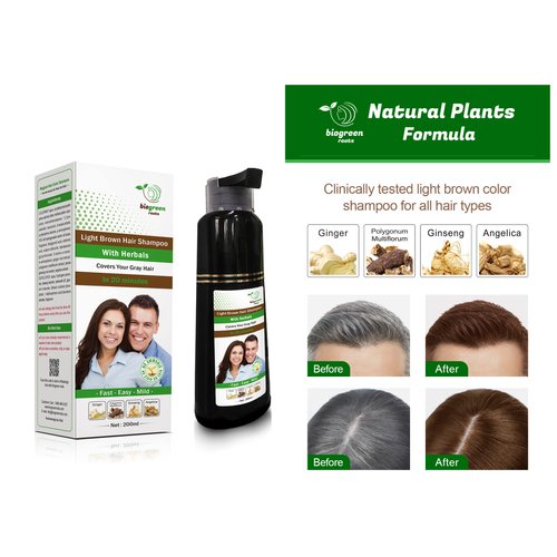 Biogreen Roots Ammonia-Free Herbal Hair Shampoo - Effectively Covers Gray Hair for Men and Women - Natural Color and Herbal Nourishment - No Stain on Skin - Light Brown (200 ml)