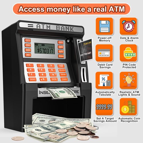 Heuceou ATM Piggy Bank for Kids, Upgraded Power-Off Memory Function for Real Money Safe with Debit Card,Coin Recognition,Bill Feeder,Balance Calculator, Kids ATM Machine for Boys Girls