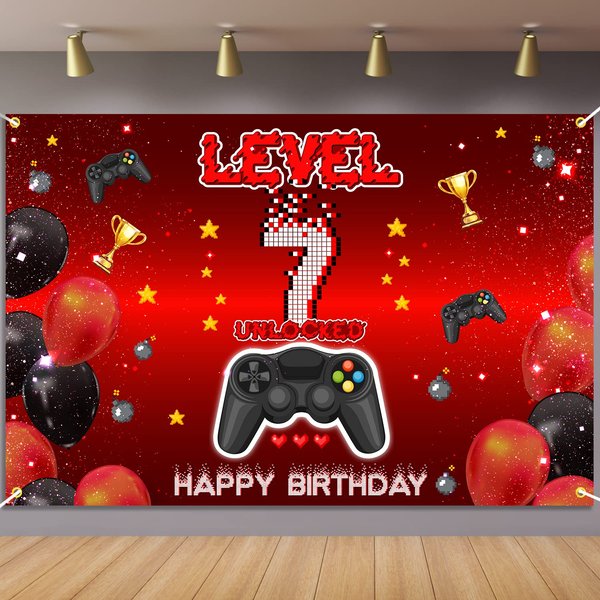 Level 7 Unlocked Backdrop Banner Decorations Video Game On Happy 7th Birthday for Boys Kids Red and Black 7 Years Old Level Up Theme Bday Background Photography Party Decor Sign Supplies