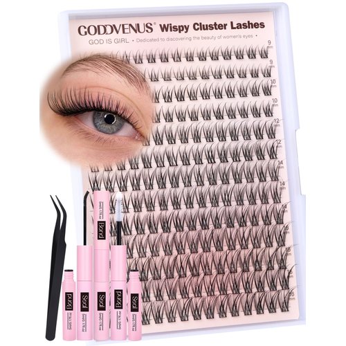Goddvenus Natural Lash Extension Kit Lash Clusters Wispy Eyelash Clusters C Curl Lashes Clusters Eyelashes 9-16mm Cluster Eyelash Extensions Kit 195pcs Individual Lashes Cluster