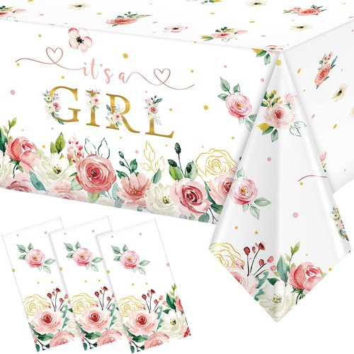 Pajean Floral Baby Shower Supplies It's a Girl Baby Shower Party Tablecloths Girls Flowers Table Cover for Kids Baby Girls Shower Birthday(3 Pack)