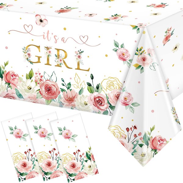 Pajean Floral Baby Shower Supplies It's a Girl Baby Shower Party Tablecloths Girls Flowers Table Cover for Kids Baby Girls Shower Birthday(3 Pack)