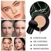 Mushroom Head Air Cushion CC Cream Natural Foundation,Phoera Powder, Bright Makeup Base Long Lasting with Makeup Sponge and Flat Top Kabuki Foundation Brush (#03 Warm Nude)
