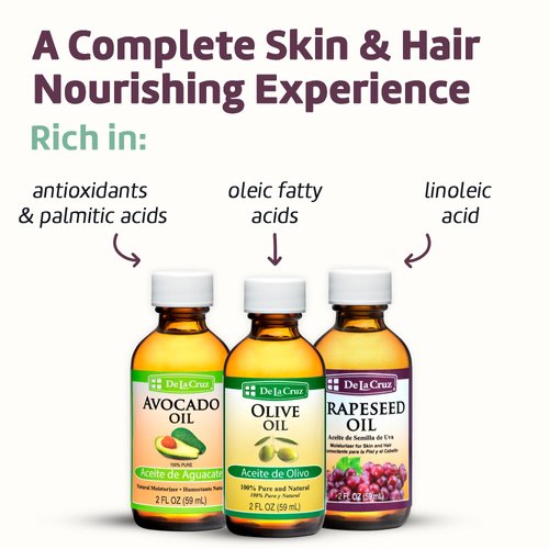 De La Cruz Avocado Oil, Pure Olive Oil and Grapeseed Oil Bundle - 100% Expeller Pressed Pure and Natural Oils for Hair and Body - Lightweight Body Oil Collection for Dry Skin