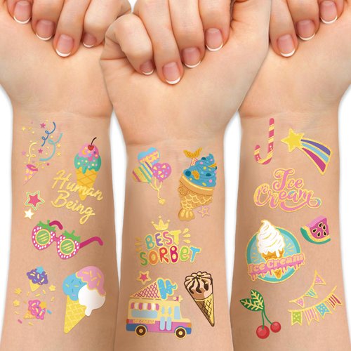 Ice cream Temporary Tattoos, Metallic Style Bronzing Fake Tattoos For Kids Birthday Party Supply Gift, Ice Cream Cake Summer Beach Style Design Tempoorary Tattoos for 5 6 7 8 9 Years Old Girl Boys