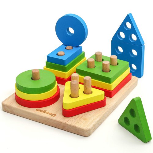 Coogam Wooden Sorting Stacking Montessori Toys, Shape Color Recognition Blocks Matching Puzzle, Fine Motor Skill Educational Preschool Learning Board Game Gift for Kids
