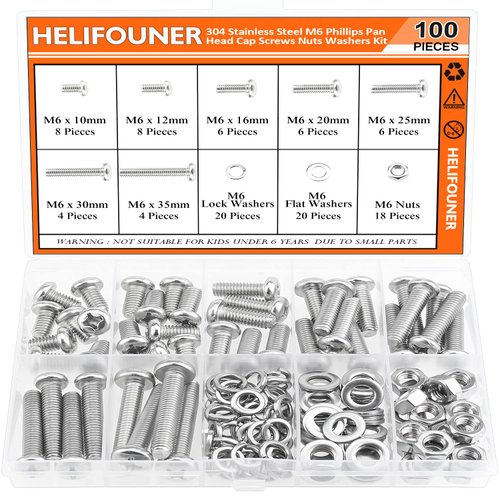 HELIFOUNER 100 Pieces M6 x 10mm /12mm /16mm /20mm /25mm /30mm /35mm, Phillips Pan Head Machine Screws, Metric Screws Bolts Washers Nuts Kit, 304 Stainless Steel