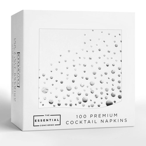 Stylish Silver Cocktail Napkins, 100 White and Silver Napkins, Disposable 5x5 Inch Silver Party Napkins, 3-Ply Holiday Cocktail Napkins, Disposable Silver Paper Napkins, Silver Chrismas Napkins