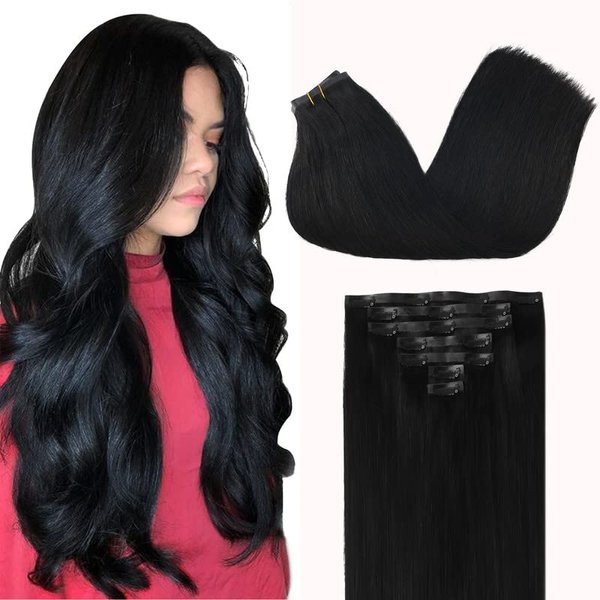 GOO GOO Clip in Hair Extensions Real Human Hair, 16inch 110g 7Pcs, 1 Jet black, Remy Human Hair Extensions Clip ins for Women, Natural Human Hair
