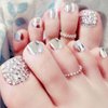 Foccna Press on Nails,Luxury Glitter Silver Fake toenails Acrylic Foot False Nails Rhinestone Design 24pcs