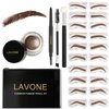 LAVONE Eyebrow Stamp Stencil Kit, Brow Stamp Trio Kit with Waterproof Eyebrow Pencil, Eyebrow Pomade, 20 Eyebrow Stencils, Dual-ended Eyebrow Brush and Sponge Applicator - Dark Brown