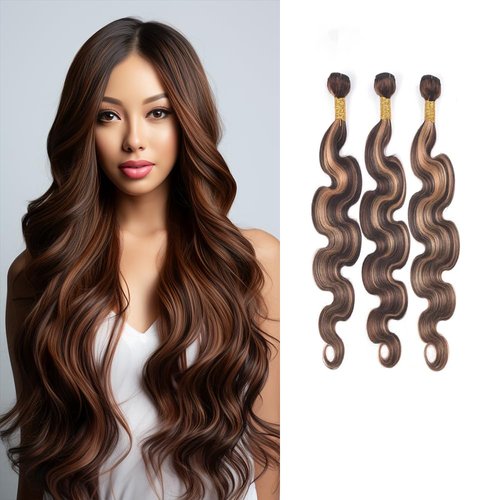 Highlight Brown Body Wave Bundles Human Hair Dark Brown Bundles Piano Color P4/30 Human Hair Bundles 20 22 24 Inch Brazilian Virgin Hair Weave Extensions Double Weft Soft And Silky