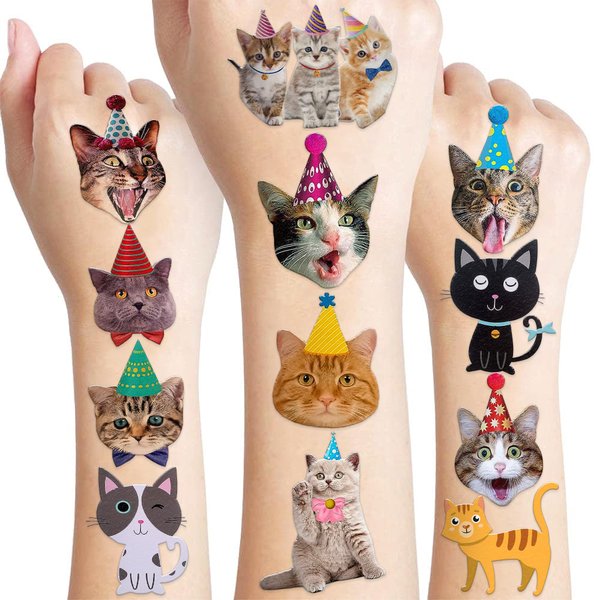 97 Pcs Funny Cat Temporary Tattoos Sticker Pet Animal Cats Themed Birthday Party Supplies Decorations Decor Favors Game Gifts Girls Boys Baby Showers Cute Fake Tattoo School Reward Home