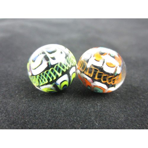 Big Game Toys ~Set of 2 RINKY-Dink 16mm Handmade Art Glass Marbles Orange Blue Green Lattice Design