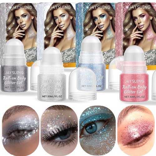 4 Colors Body Glitter Gel for Body Face and Hair, Silver Gray Brilliant Pink White Dazzling Blue White Changing Glitter Gel Under Light for Festival Party Easy to Remove（30ml/1 oz）