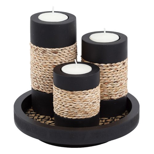 IYARA CRAFT Tealight Candle Holders with Candle Tray Set of 3 Decorative Candle Holders Matte Wood Finish with Small Rope Decoration