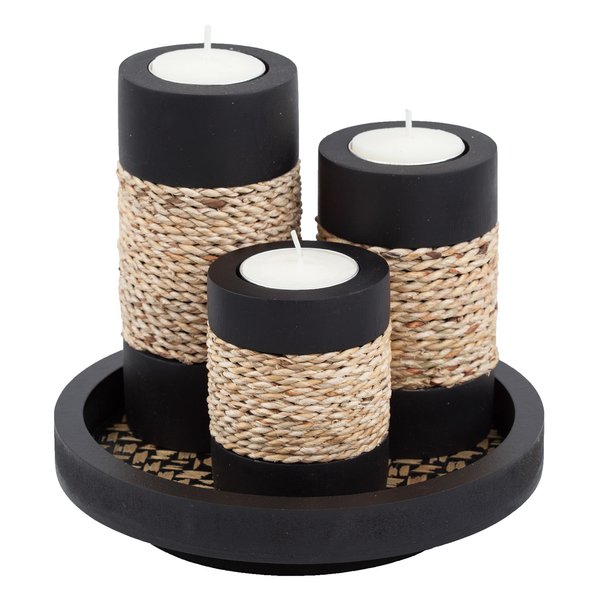 IYARA CRAFT Tealight Candle Holders with Candle Tray Set of 3 Decorative Candle Holders Matte Wood Finish with Small Rope Decoration