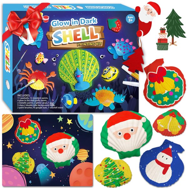 58 PCS Kids Arts & Crafts Painting Gifts for Boys Girls - Sea Shell Glow in the Dark Painting Kit 16 Real Shell Creative Activity DIY Craft Kits Toys Birthday Party Favors 6 7 8 9 10 11 12 Year Old