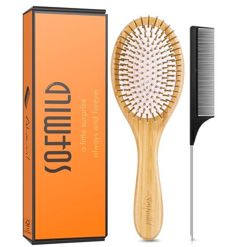 Sofmild Bamboo Wooden Paddle Hair Brush Comb Set, Hairbrushes for Women Men Kid Detangling Hair Massaging Scalp with Round Tip Bristles for All Hairstyles (White Wooden)