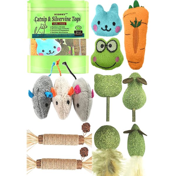 12 Pack Catnip Toys for Cats, Silvervine Sticks, Catnip Balls, Cat Nip Mice, Kicker Toys, Silver Vine Organic Chew Toys, Kitten Teething Toy,Interactive Enrichment Plush Mouse Feather for Indoor Cats