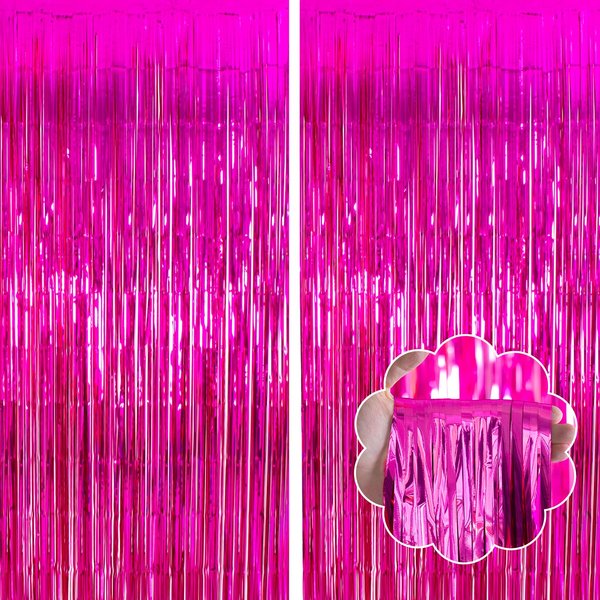 YUKL Hot Pink Curtains Fringe Backdrop Hot Pink Streamers Party Decorations 2Pack 3.3*8.2FT Hot Pink Birthday Decorations Tinsel Backdrop Curtains Party Decorations for Womens Girls Party Decorations