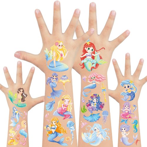 EMOME 100+ Styles Mermaid Temporary Tattoos for Kids Girls, Mermaid Tattoos for Birthday Party Decorations Favors Supplies, Ocean Themed Party Decorations for Mermaid Games Activities (10 Sheets)