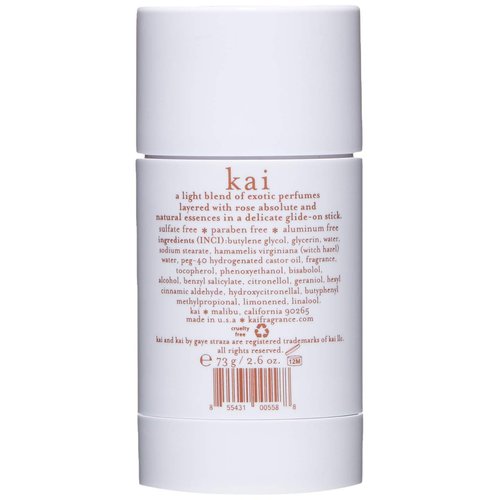 kai Deodorant Rose, 2.6 oz., aluminum free deodorant with chamomile and plant extracts, ideal for sensitive skin, scented kai, layered with rose absolute, vegan, cruelty free, made in the usa