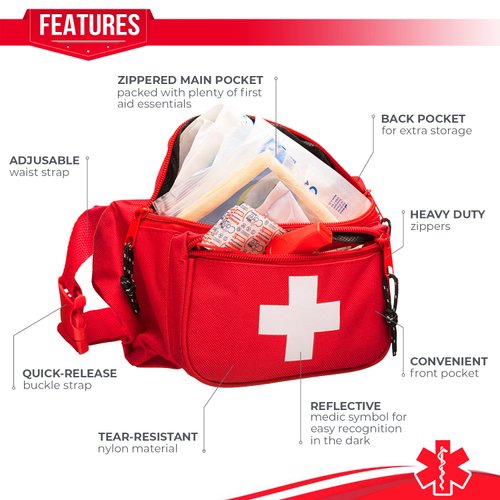 NOVAMEDIC First Aid Fanny Pack Stocked with 75 Piece Emergency Essentials, 8"x2"x6", Waist Bag w/ 3 Zippered Compartments & Adjustable Strap for Lifeguard, Hiking, Travel Men & Women, Durable, Red