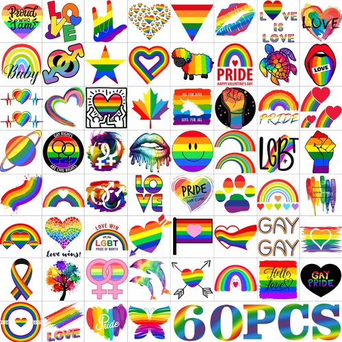 60 PCS Gay Pride Tattoos for Women Adults, LGBT Pride Face Temporary Tattoos for Men, Rainbow Flag Fake Tattoo Stickers Festival Parade Celebrations