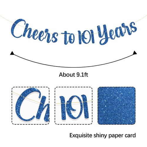 MonMon & Craft Cheers to 101 Years Banner/Women Men 101st Birthday Banner/Happy 101st Wedding Annviersary / 101st Birtdhay Party Decorations - Blue Glitter (101)