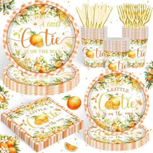 120PCS Little Cutie Baby Shower Party Supplies for Girls Kids Summer Citrus Fruit Themed Party Decorations A Little Cutie is on The Way Party Tableware Paper Plates Napkins Forks for 20 Guests