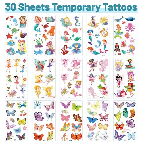 30 Sheets Temporary Tattoos Kit, 286Pcs Fake Cute Tattoo Stickers Waterproof, Birthday Party Favor (Mermaid & Flower Fairy & Butterfly)