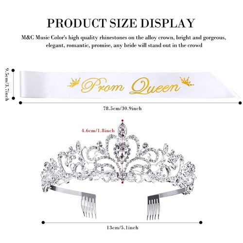 2Pcs Prom Queen Sash and Tiara Set, Tiara Crystal Rhinestones Bridal Crowns for women, Silver Crown with Comb for Little Girls Birthday and Wedding School Graduate Party Accessories（A Silver）