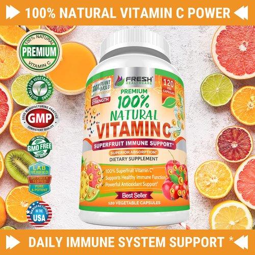Natural Vitamin C - 100% from Rose Hips, Acerola Cherry and Camu Camu Superfruit 500mg - High Absorption - Immune Support, Skin, Joint and Collagen Booster with Citrus Biflavanoids - 120 Capsules