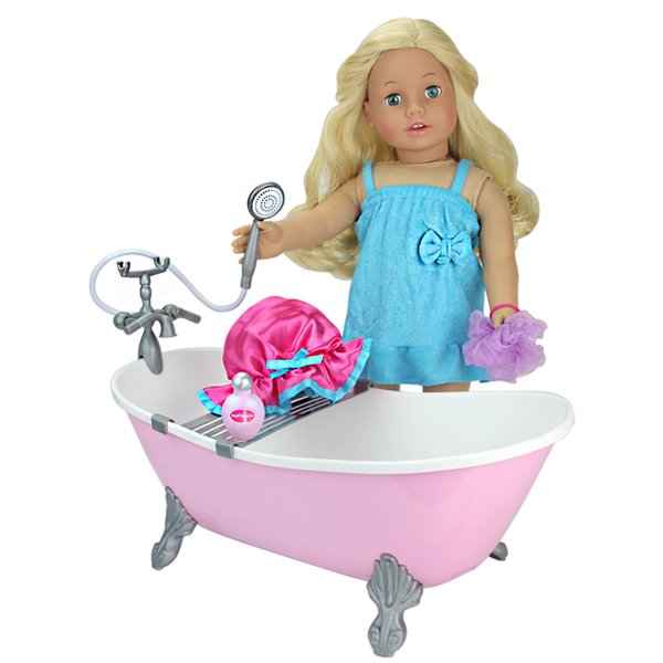 Sophia's Clawfoot Bathtub, Terry Robe, Satin Shower Cap, Sponge and Soap Bottle Accessories for 18 Inch Dolls, Pink/Blue