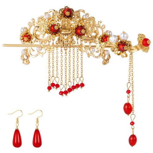 Nuorest Chinese Hair Accessories for Wedding, Red Tassel Hair Pin Alloy Pearl Hair Jewelry Set, Red Dangle Drop Earrings, Vintage Hair Sticks, Hair Styling Pins for Women, Girls, Brides for Parties