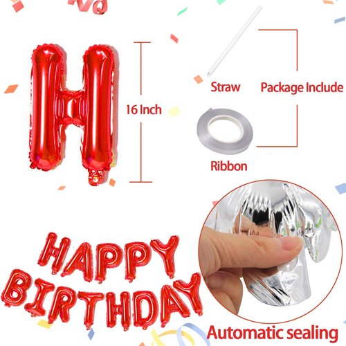 Red Happy Birthday Balloons Banner,16 Inch Mylar Foil Letters Sign,Reusable Balloons for Women, Men, Boys & Girls Birthday Decorations Party Supplies
