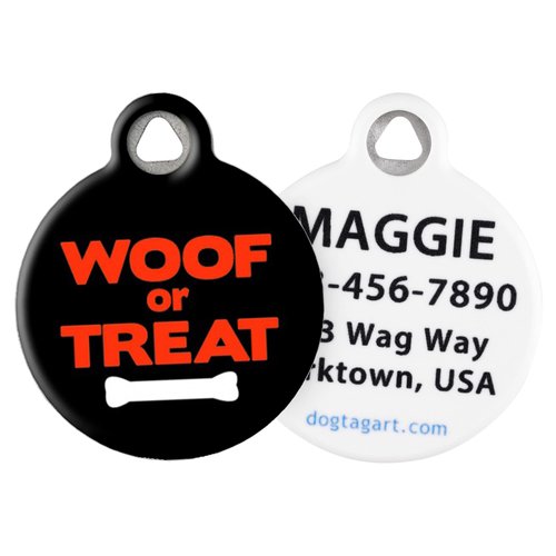 Dog Tag Art Woof or Treat Custom Pet ID Tag for Dogs (Small), Cute, Funny Halloween Dog Tags and Cat Tags, Personalized Dog Tags with Customized Identification Information, Holiday Dog Collar Tags