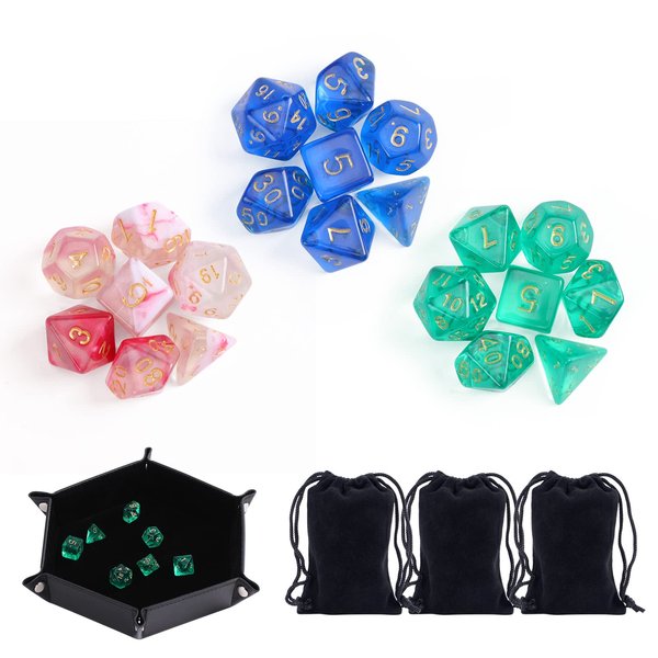 Magic Vosom DND Dice Set 21 Pcs Polyhedral Dice Set with 3 Black Pouches and PU Leather and Velvet Dice Tray for Dungeons and Dragons D&D RPG MTG Table Games
