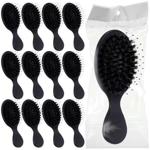 Ziliny 12 Pcs Mini Boar Bristle Hair Brush Bulk Small Boar Hair Brushes Pack Black Detangling Brushes Individually Wrapped Wet Hairbrush for Homeless Women Travel Hotel Charity