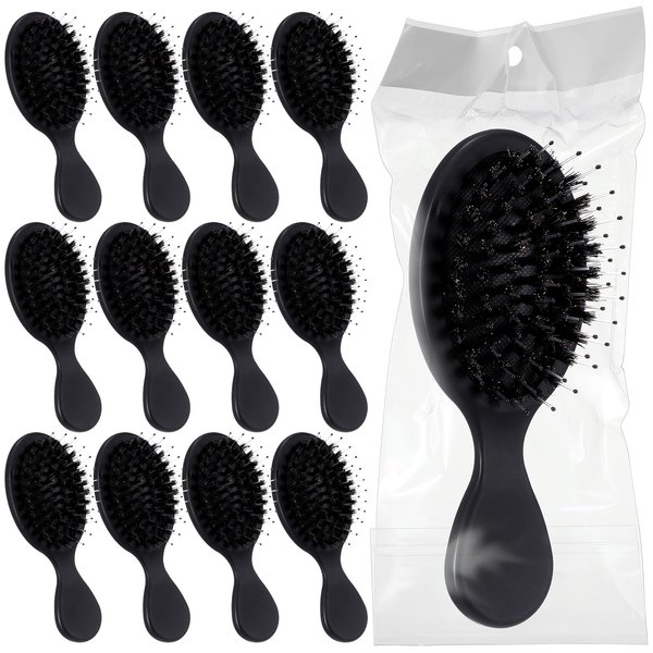 Ziliny 12 Pcs Mini Boar Bristle Hair Brush Bulk Small Boar Hair Brushes Pack Black Detangling Brushes Individually Wrapped Wet Hairbrush for Homeless Women Travel Hotel Charity