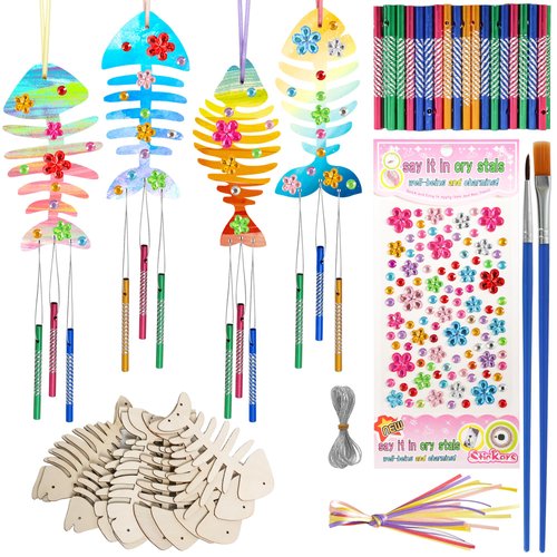 Hmxpls 12 Pack Wooden Fish Bone Wind Chime Craft Kit for Kids & Adults - DIY Coloring & Decorative Ornaments for Craft Activities Party Supplies