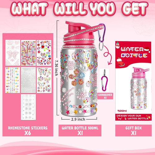 Decorate Your Own Water Bottle Kits for Girls, Valentines Goodie Bag Stuffers, Valentines Day Gifts for Kids Ages 5 6 7 8 9 10 Year Old, Gem Art supplies for Teen Girl, Daughter Sister Birthday Gift
