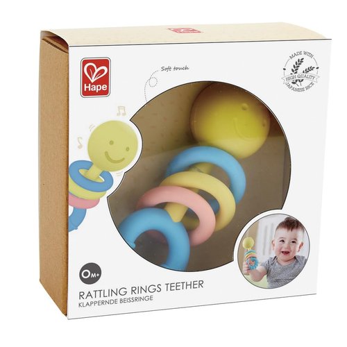 Hape Rattling Rings Teether | Movable Teething & Rattle Shake Toy for Babies, Soft Colors