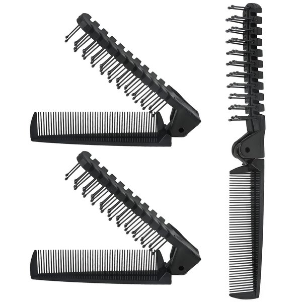Qjaiune 3PCS Travel Foldable Brush, Anti-Static Hair Comb and Double Headed Hairdressing Tool for Men & Women (Black)