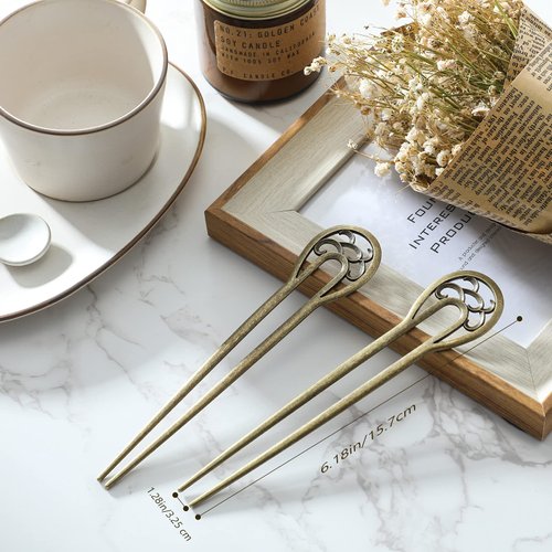 2 Pieces Nordic Classical Metal U Shaped Hairpin Vintage Hair Sticks Hair Fork Pins 2 Prong Updo Chignon Pins Hair Accessory for Women Hairstyles(Bronze)