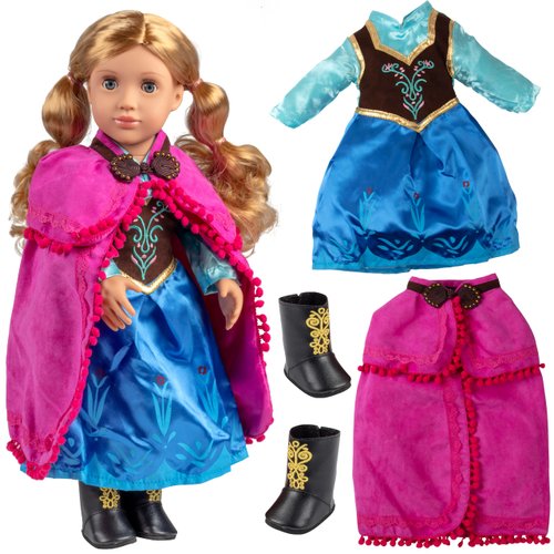 Dress Along Dolly 3pc Anna Frozen Inspired Outfit- 18" Doll Clothes & Accessories Compatible w American Girl Dolls- Snow Queen Princess Set Includes Dress, Shawl, Shoes- Great Girl Gift Set for Less